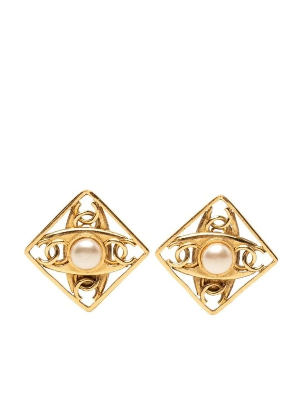 Chanel CC Logo Vintage Earrings Gold Faux Pearl Plated